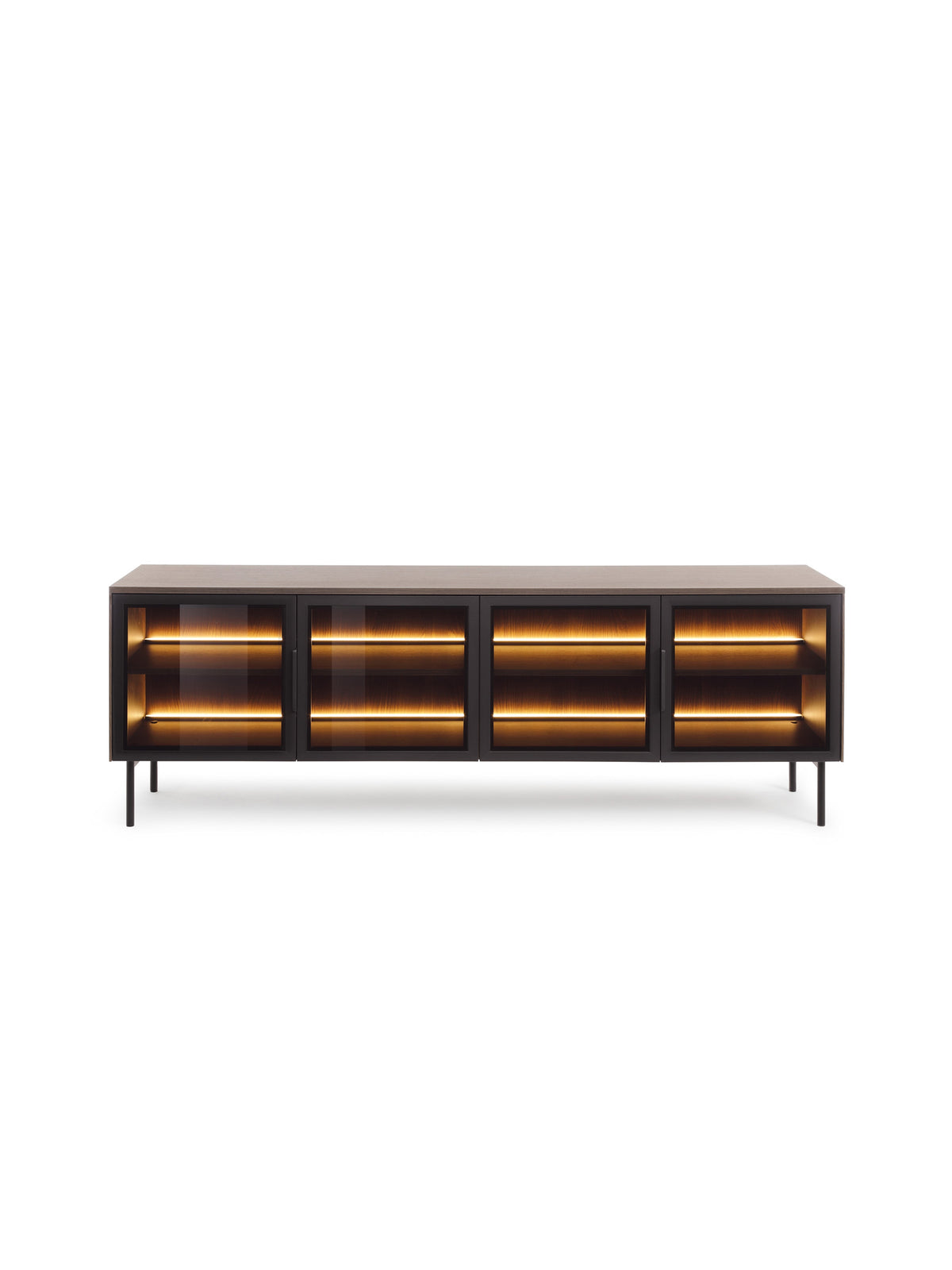 Comodă TV Auri 181 cm cu iluminare LED, picioare metalice negre, stejar dunin și sticlă ornamentată securizată