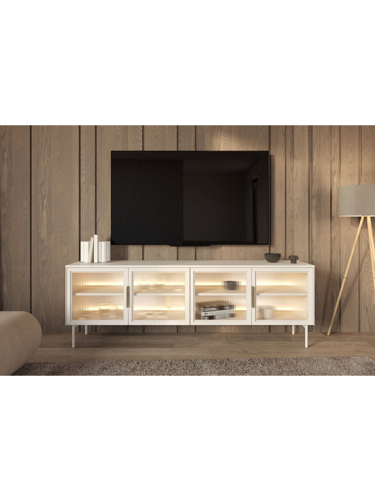 Comodă TV Auri 181 cm kasmir cu iluminare LED și uși din sticlă