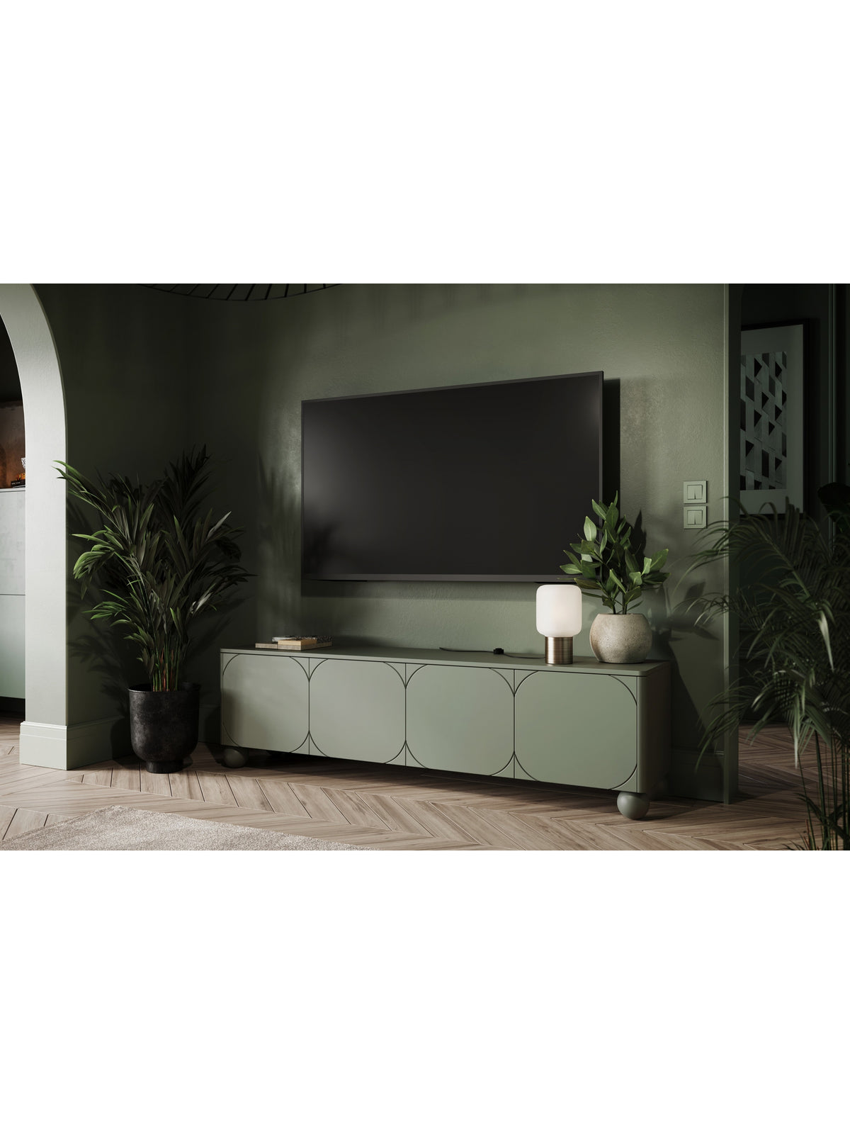 Comodă TV Sonatia II 200 cm cu patru uși pe picioare sferice, verde măsliniu