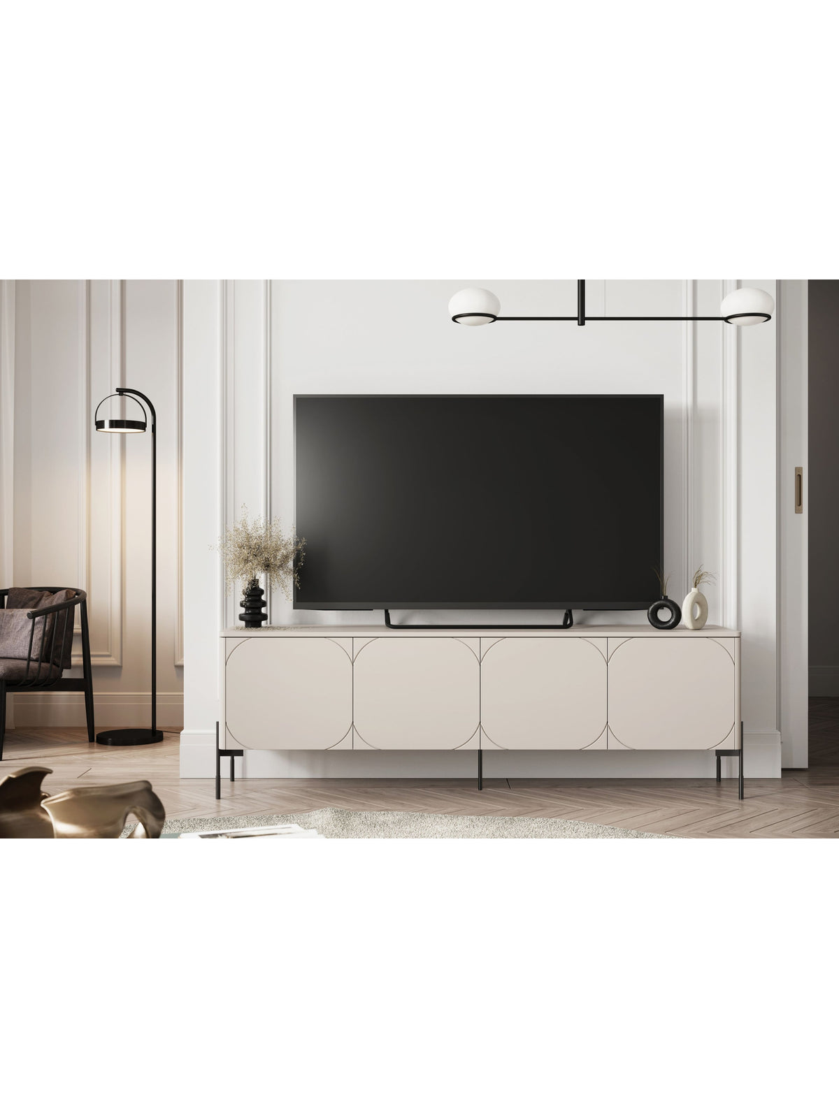 Comodă RTV Sonatia 200 cm cu patru uși culoare kasmir pe picioare metalice negre, vedere frontală