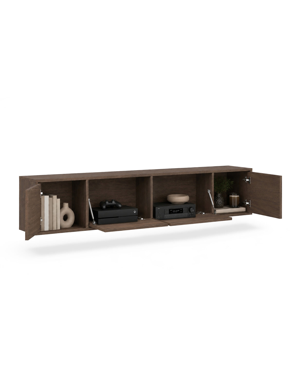 Dulap RTV suspendat Zolia 180 cm cu patru uși, culoare orzech elegant, uși deschise