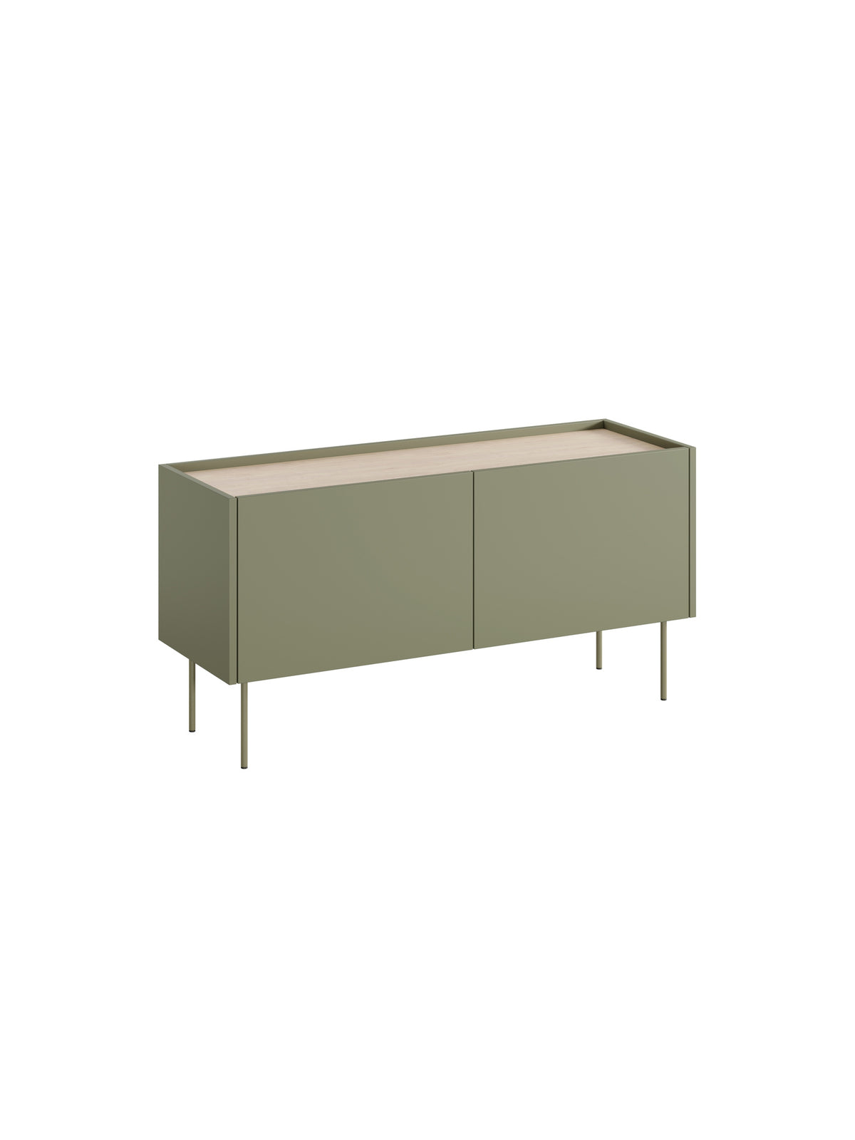 Comodă TV modernă Desin 120 cm verde măsliniu mat cu blat din stejar nagano și picioare metalice