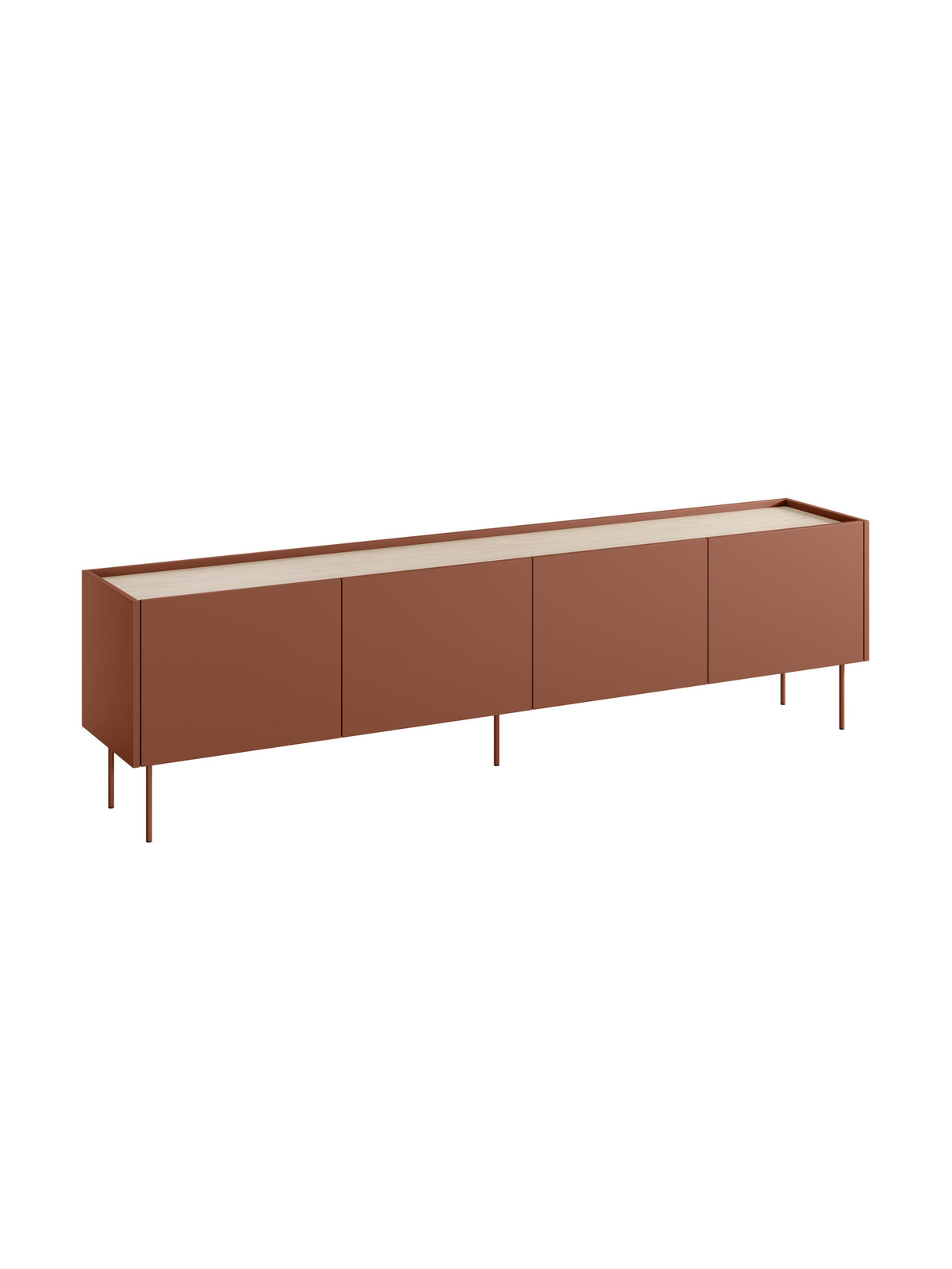 Comodă RTV Desin 220 cm bordo ceramic red cu blat stejar nagano pe picioare metalice