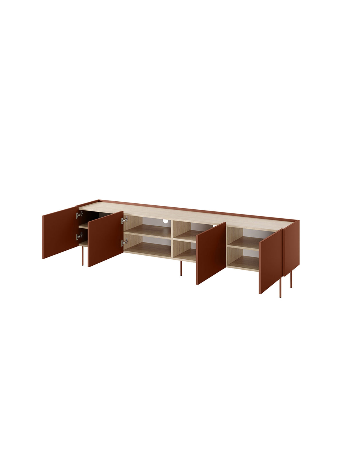 Comodă RTV Desin 220 cm ceramic red cu picioare metalice și patru uși deschise