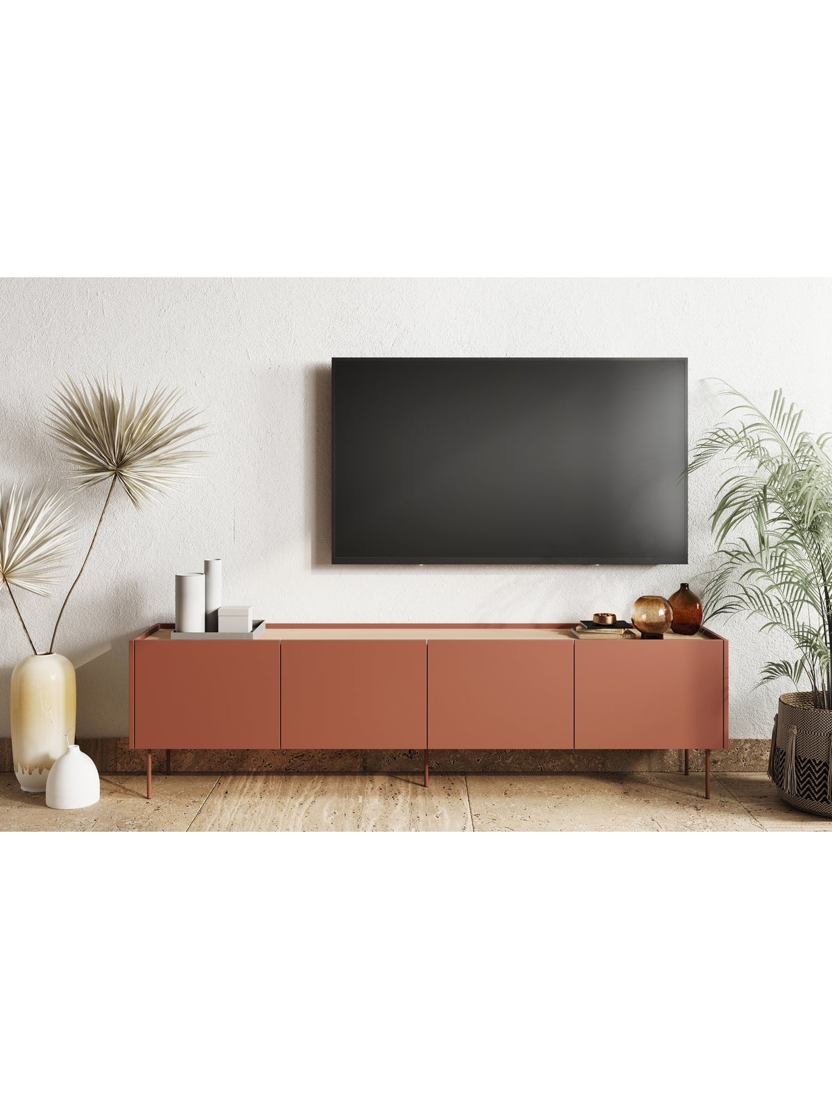 Comodă TV Desin 220 cm ceramic red cu front mat și blat stejar nagano