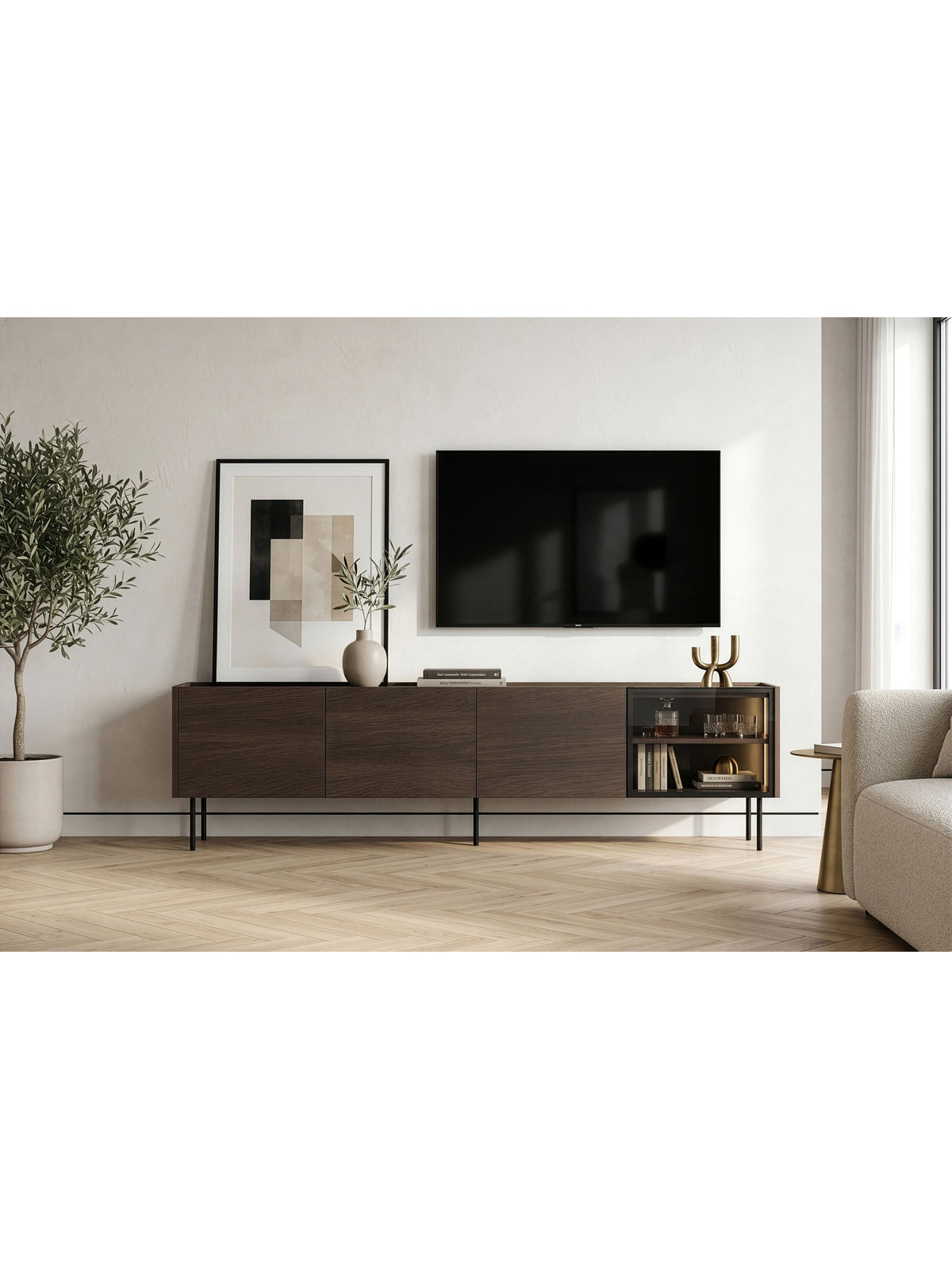 Comodă RTV Dunari 220 cm cu picioare metalice negre, fronturi netede culoare stejar dunin