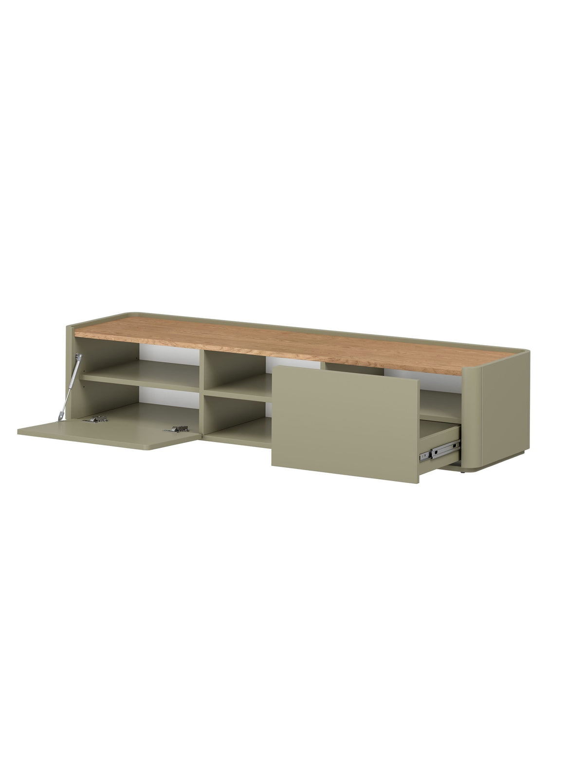 Comodă RTV Elivo 170 cm eucalyptus cu blat dąb baltic dune, cu sertar și ușă rabatabilă
