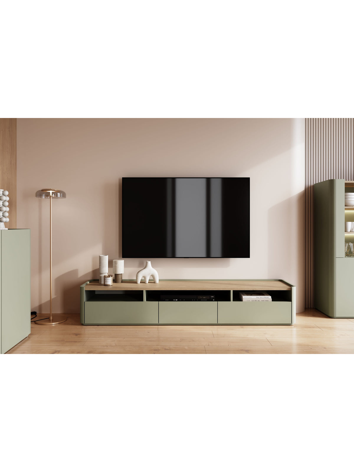 Comodă TV Elivo 200 cm culoare eucalipt, blat stejar baltic dune, design modern