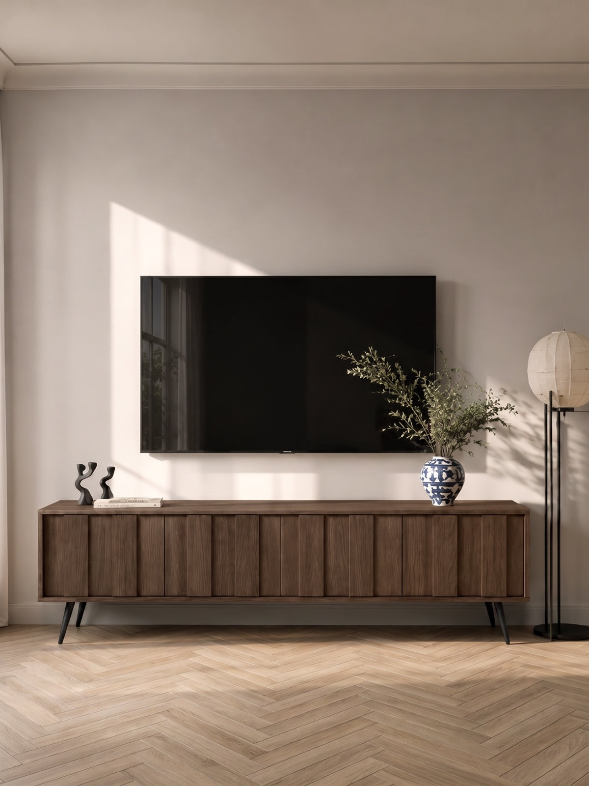 Comodă RTV Flaro 184 cm stejar dunin cu picioare negre și iluminare LED caldă