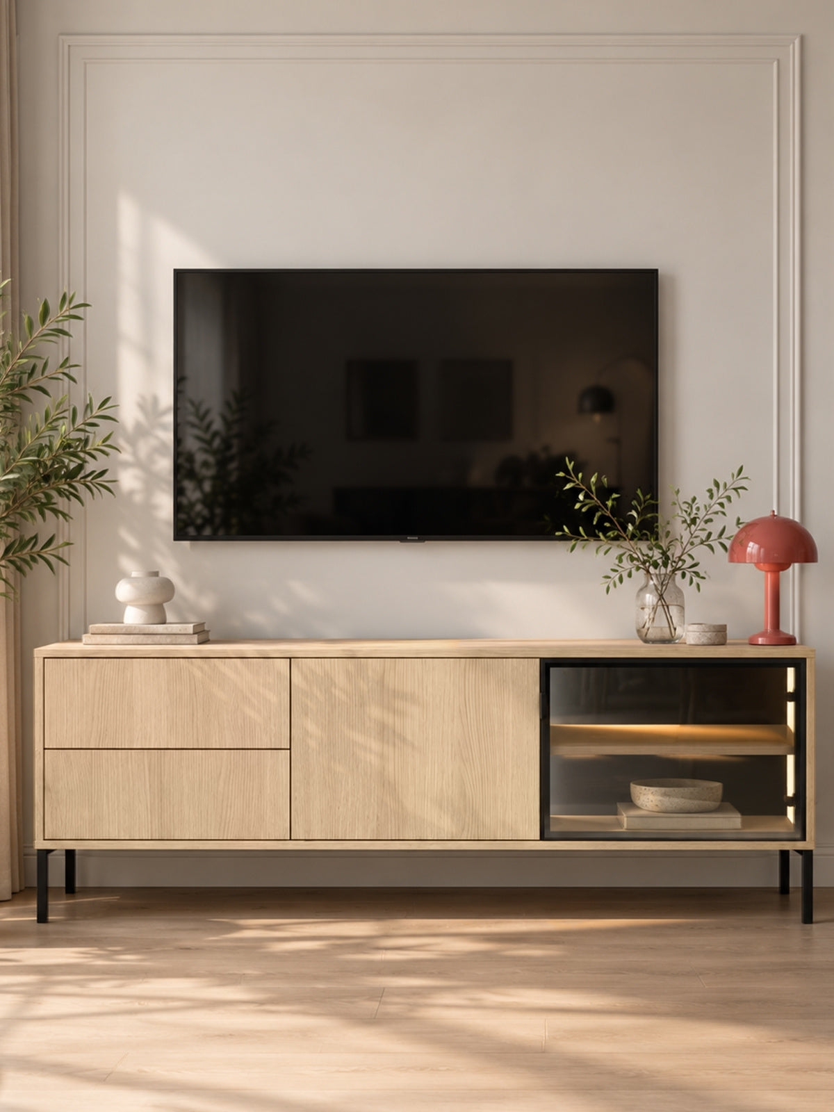 Comodă TV Harmona 160 cm lemn deschis stejar Lindberg cu LED și picioare negre