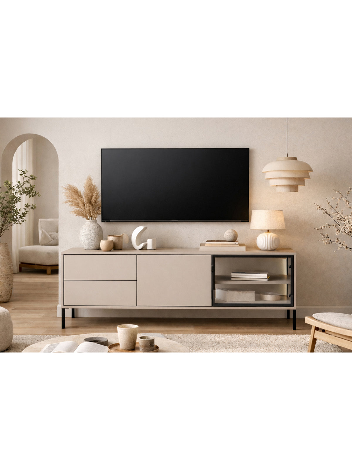 Comodă TV Harmona 160 cm casmir cu 2 sertare, 2 uși și iluminare LED