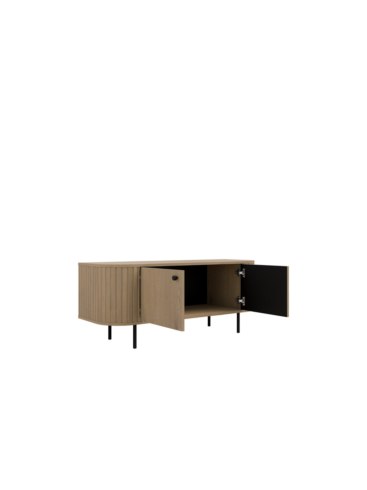 Comodă TV Lento 120 cm culoare stejar cremona, picioare metalice negre, uși deschise
