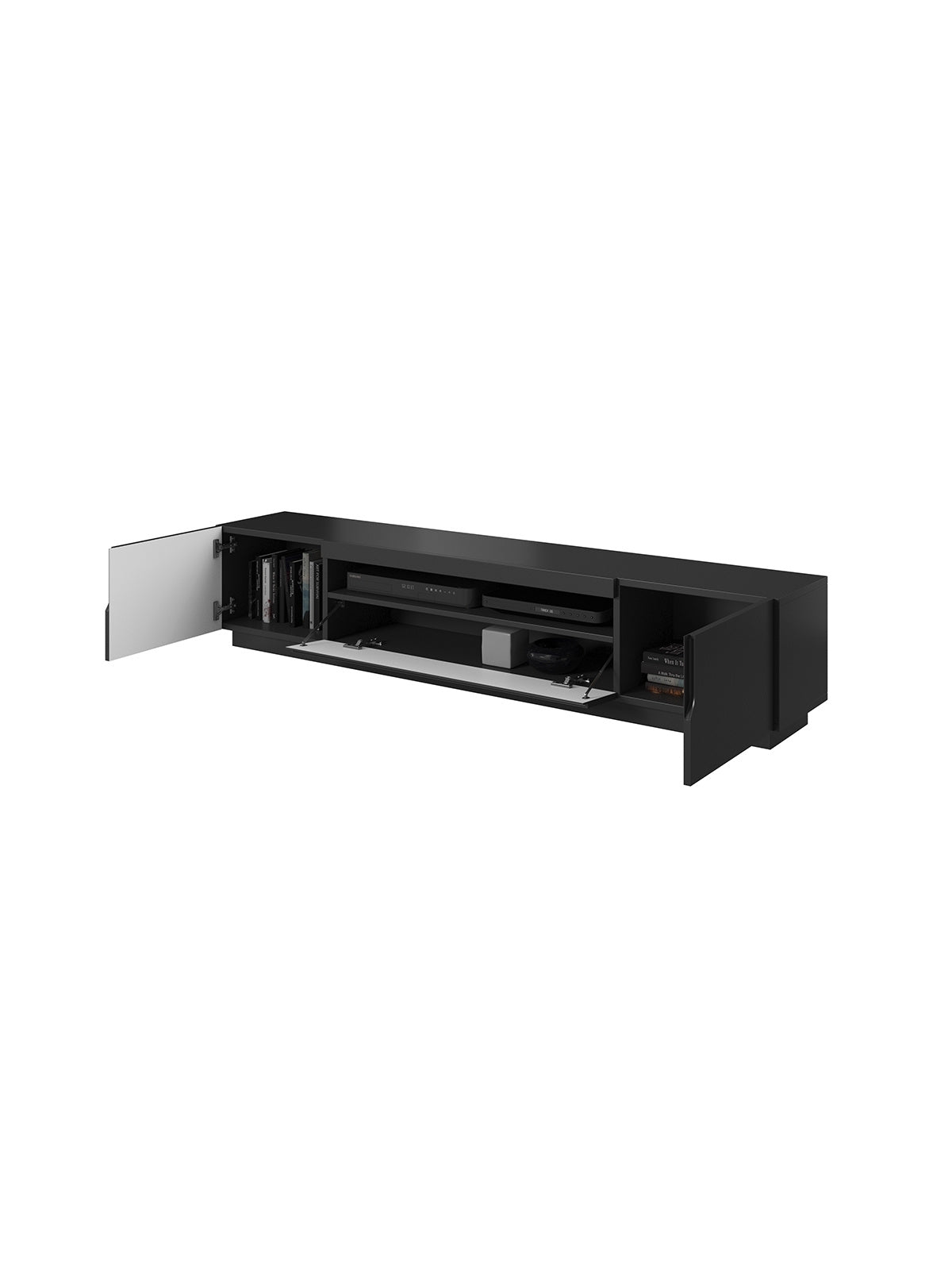 Comodă TV Loftia 200 cm negru mat cu două uși și spațiu pentru echipament