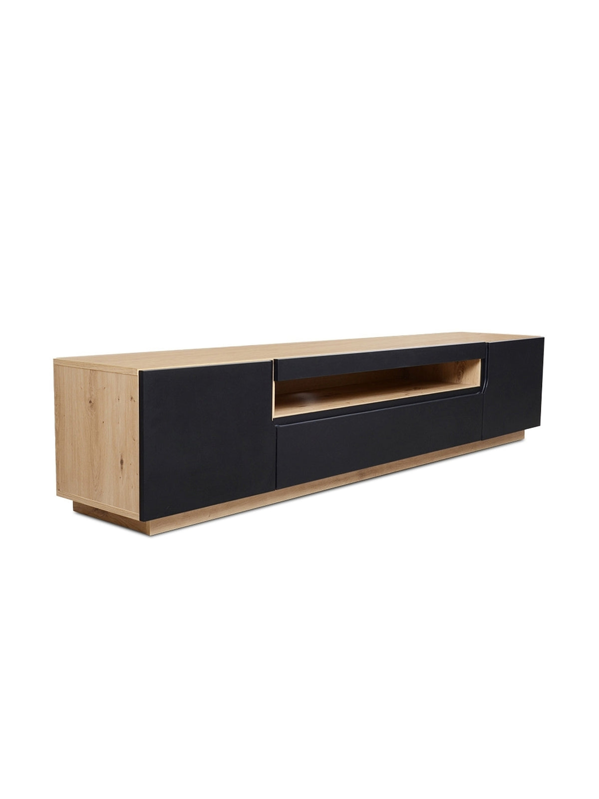 Comodă TV Loftia 200 cm două uși negru mat cu nișă și corp stejar artisan