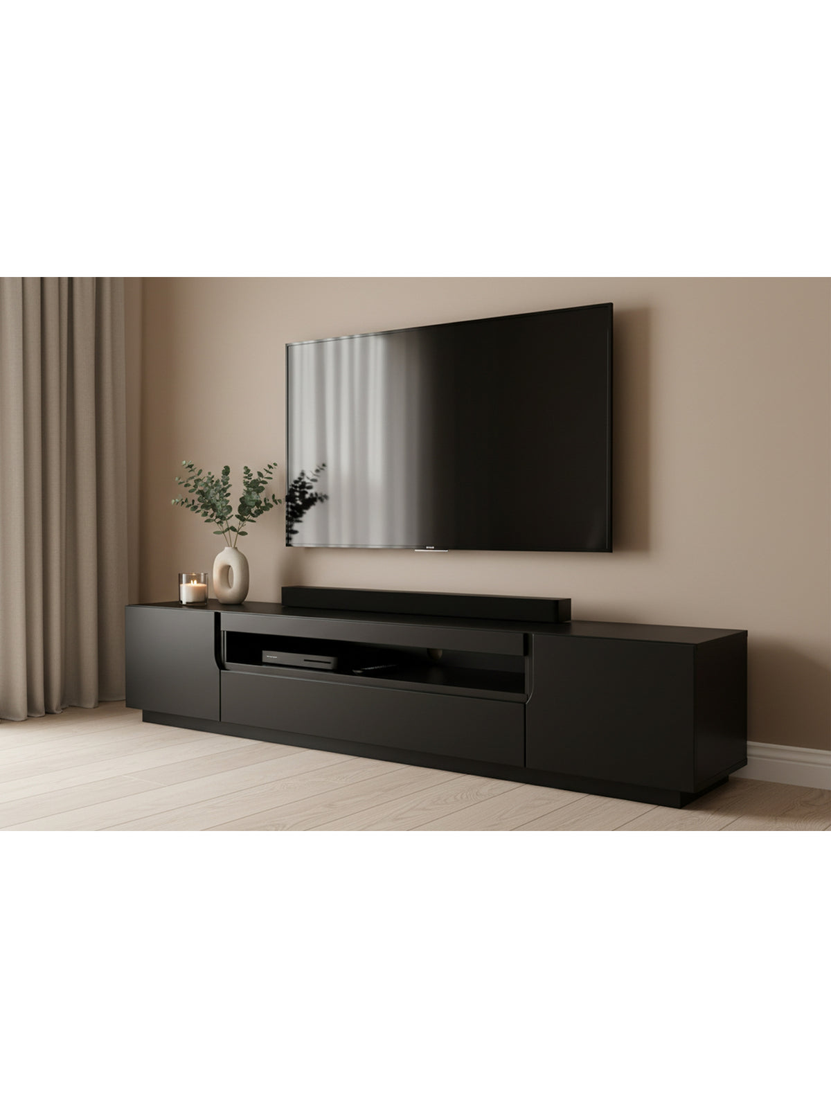 Comodă TV Loftia 200 cm negru mat cu două uși și un compartiment, front neted