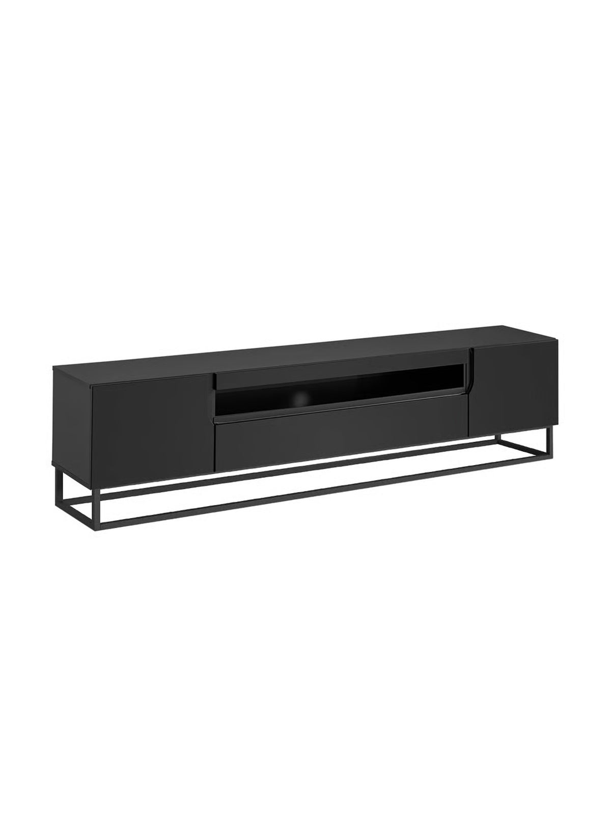 Comodă TV Loftia 200 cm neagră mat cu nișă și cadru metalic, vedere frontală