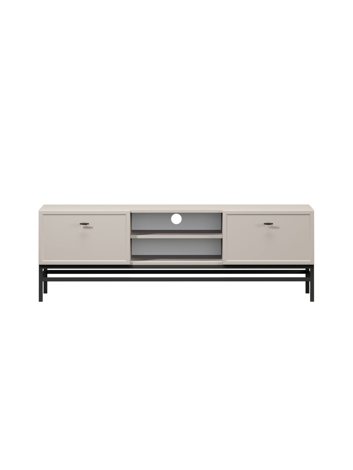 Comodă TV Lorini 150 cm culoare casmir, cu două sertare și cadru metalic negru