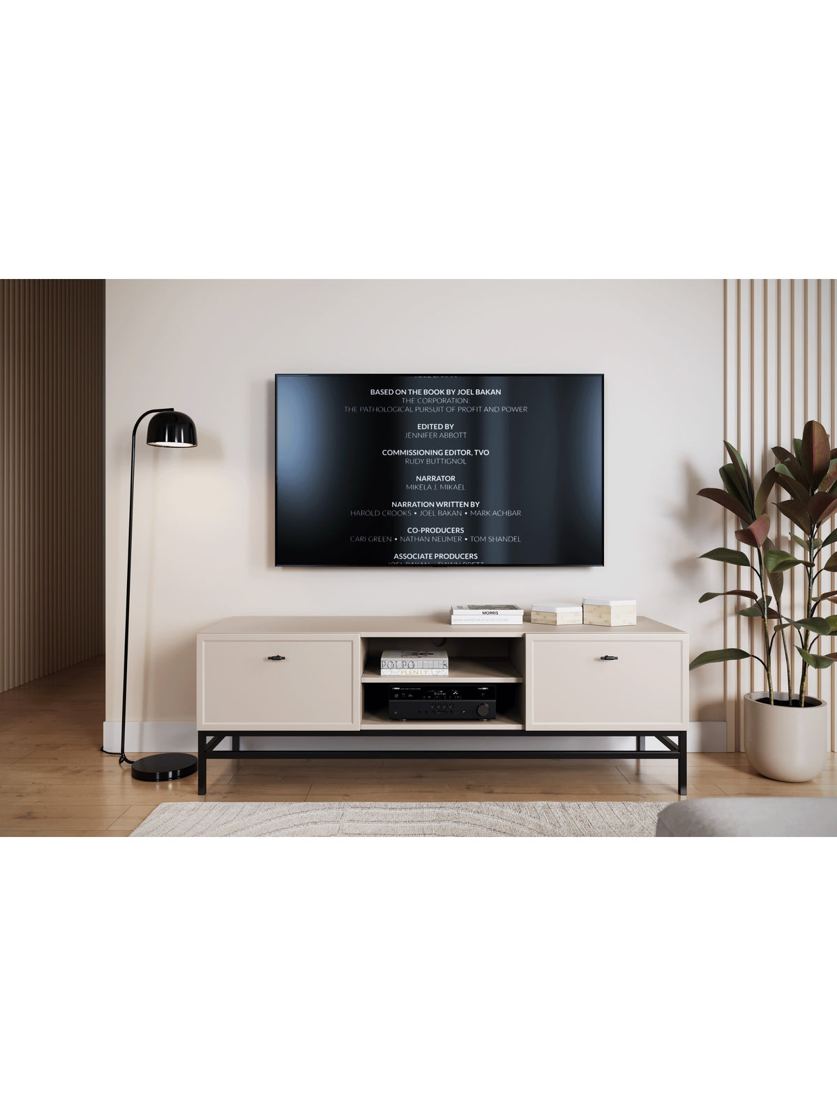 Comodă TV Lorini 150 cm casmir cu mânere negre T-bar și cadru metalic