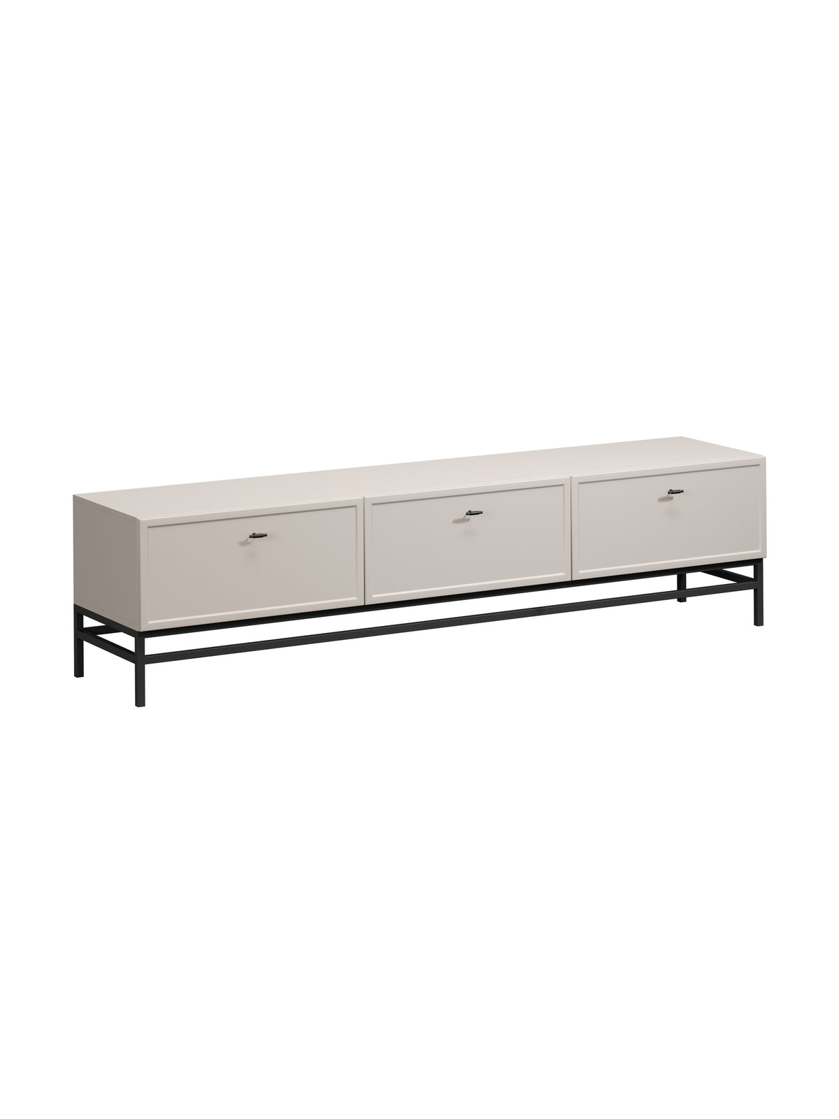 Comodă TV Lorini 200 cm casmir cu mânere negre T-bar și cadru metalic