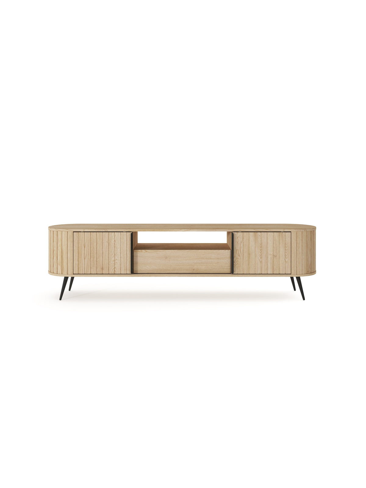 Comodă TV Luvio 196 cm cu sertar, stejar cremona, picioare negre, front striat