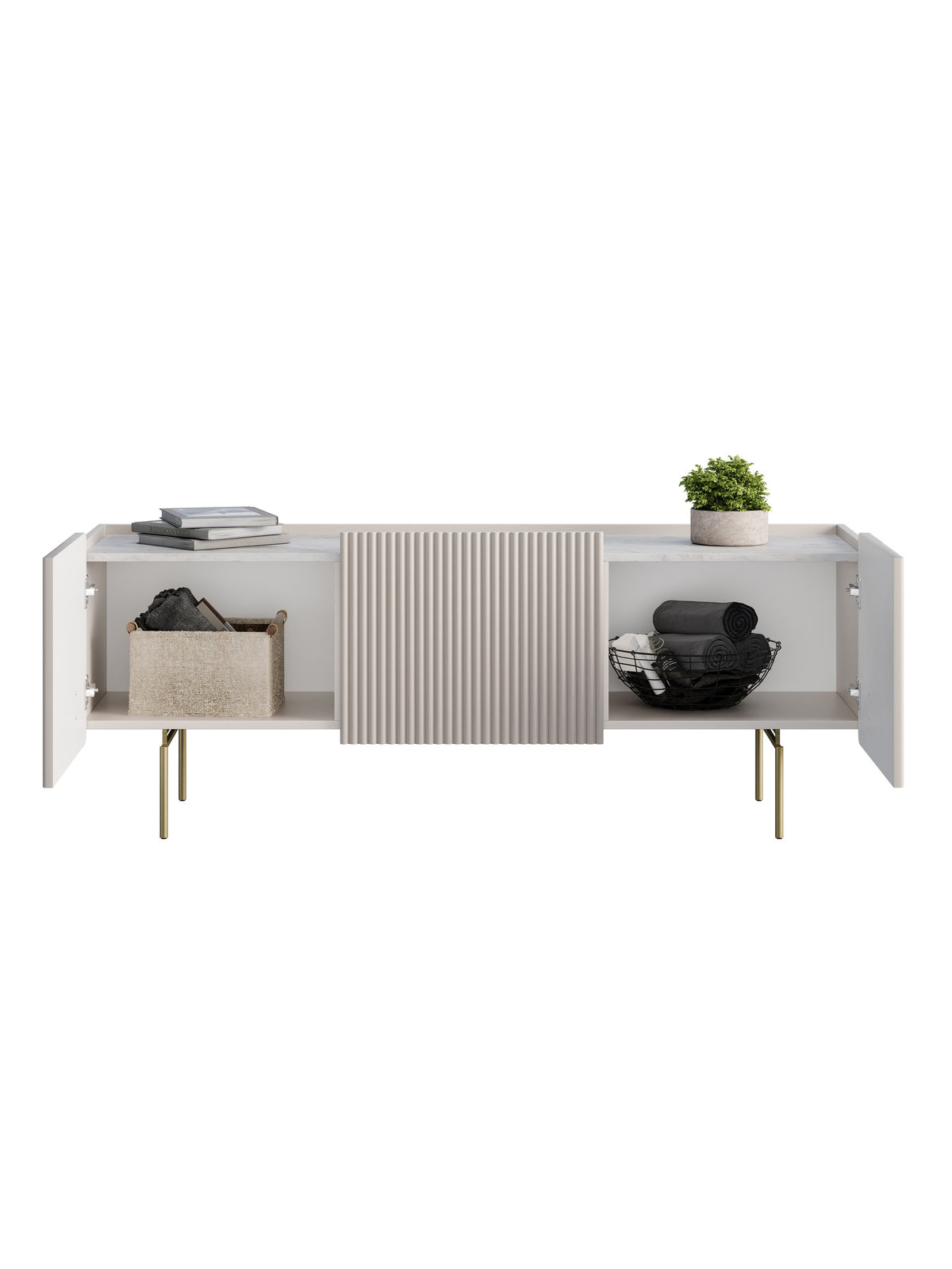 Comodă RTV Malmi 150 cm casmir cu front canelat, blat crema bianca și picioare aurii