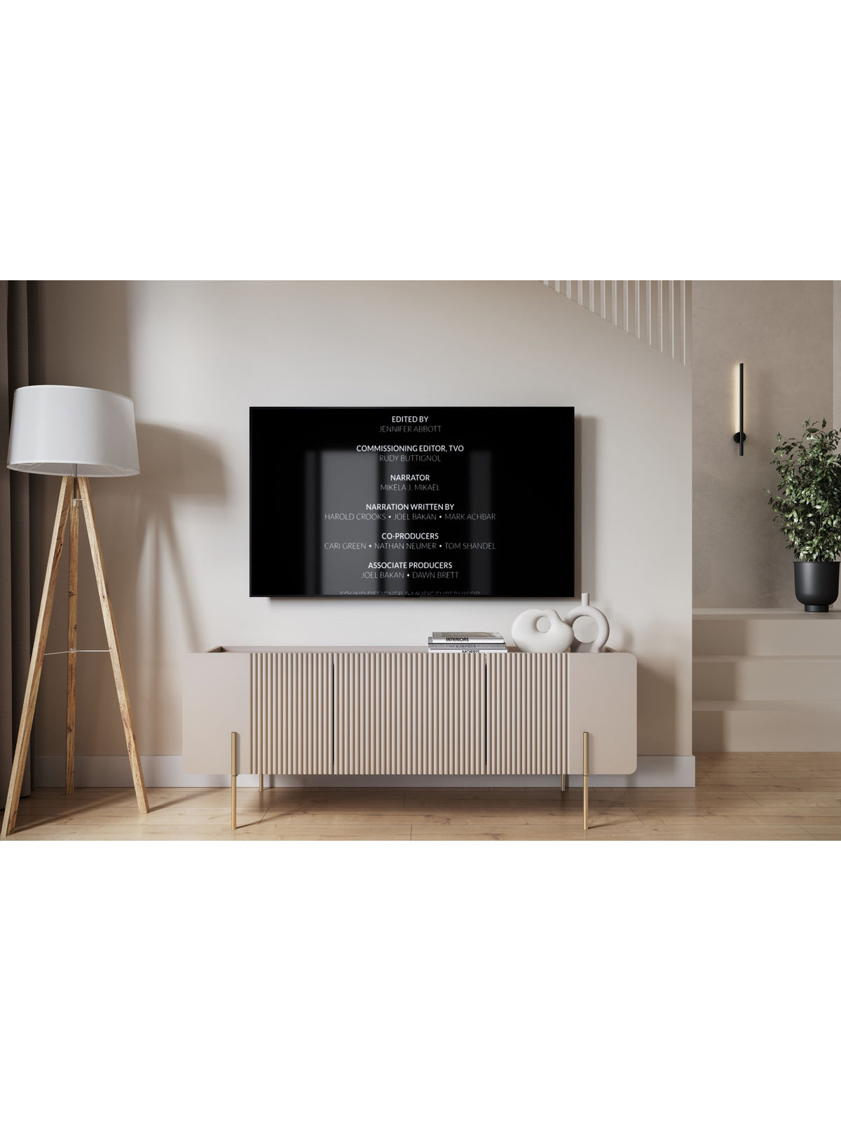 Comodă TV Malmi 150 cm casmir cu fronturi striate și picioare aurii vedere frontală