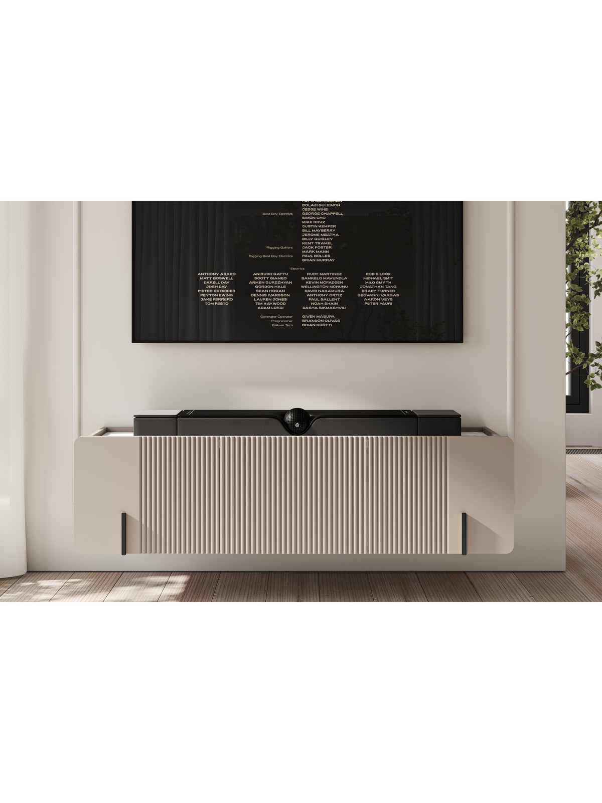 Comodă TV suspendată Malmi 150 cm casmir cu front striat și blat crema bianca