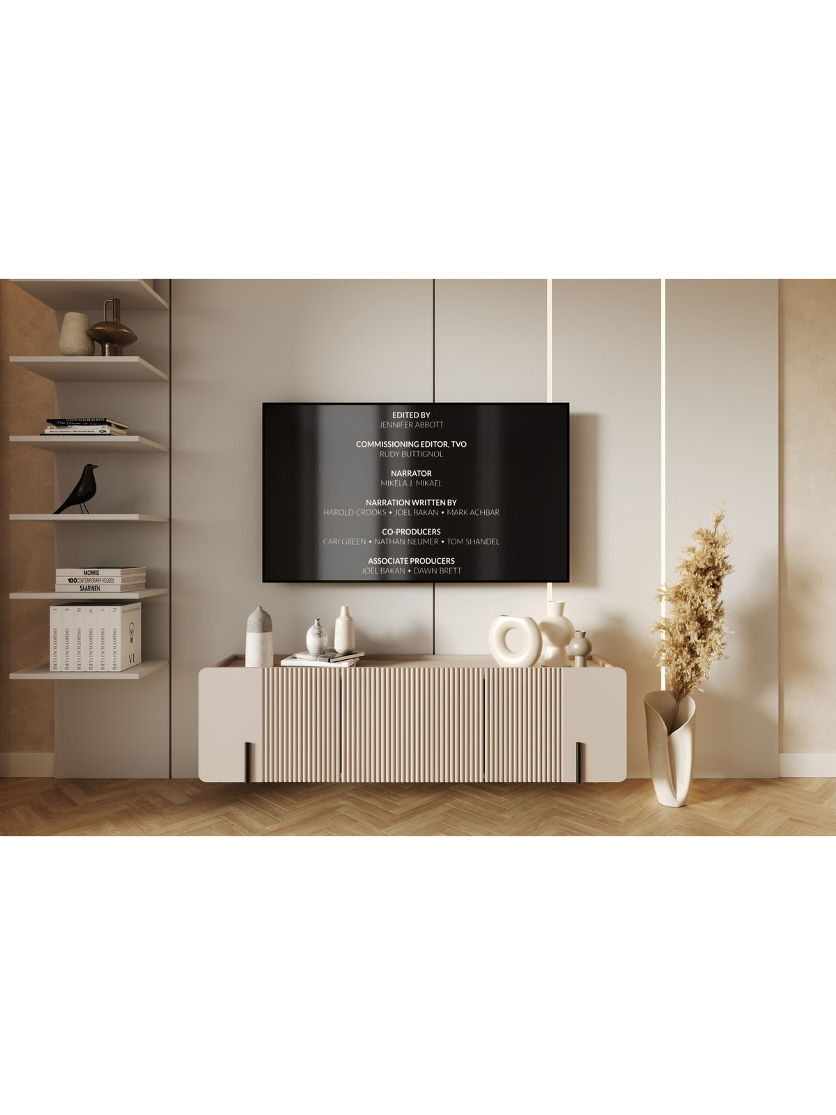 Comodă TV suspendată Malmi 150 cm casmir cu front striat și mânere negre