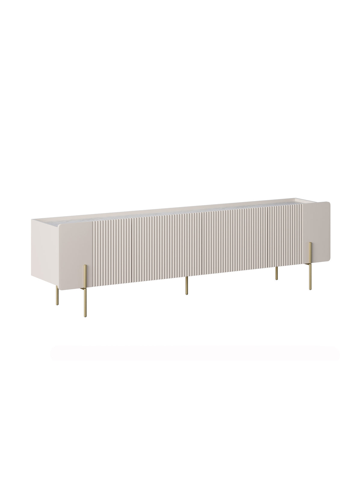 Comodă RTV Malmi 200 cm casmir cu front canelat și picioare aurii, blat crema bianca