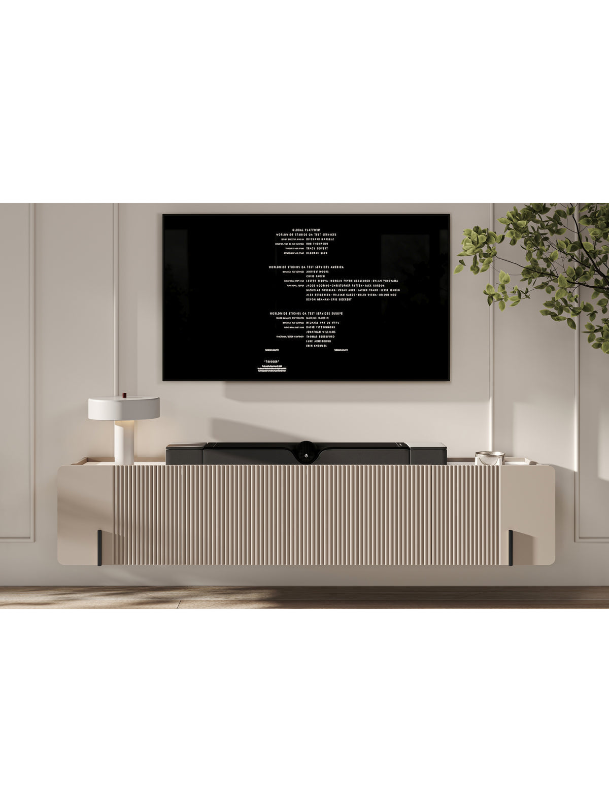 Comodă TV suspendată Malmi 200 cm casmir cu front striat și blat crema bianca