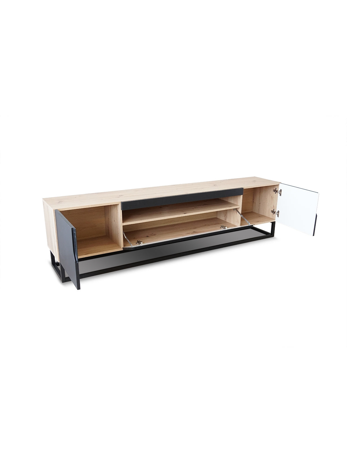 Comodă TV Loftia 200 cm cu nișă, negru mat, front reiat, cadru metalic