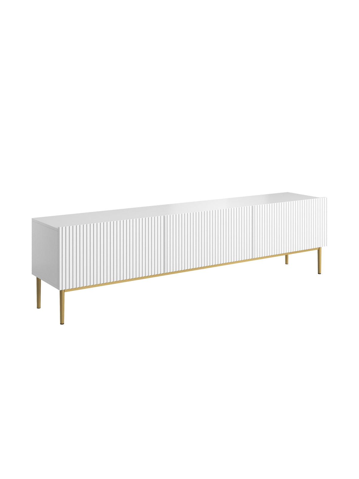 Comodă TV Nicole 200 cm alb mat cu front striat și picioare metalice aurii