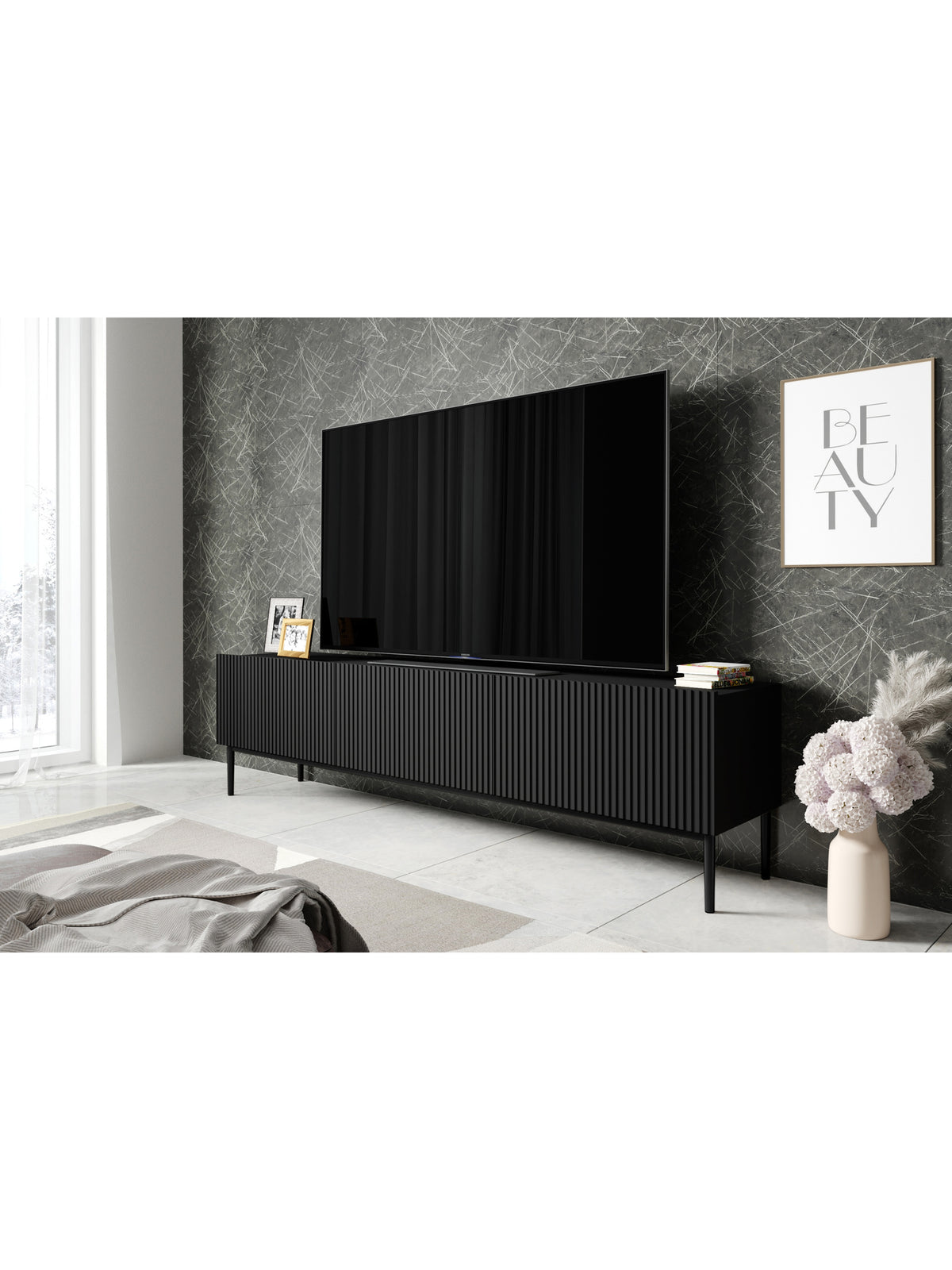 Comodă TV Nicole 200 cm negru mat cu picioare metalice, un sertar și front striat