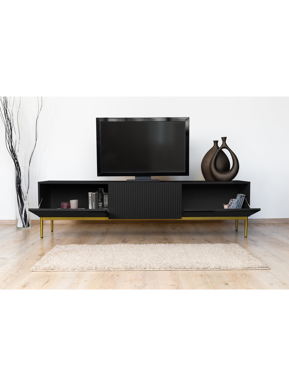 Comodă TV Nicole 200 cm negru mat cu un sertar și picioare metalice aurii