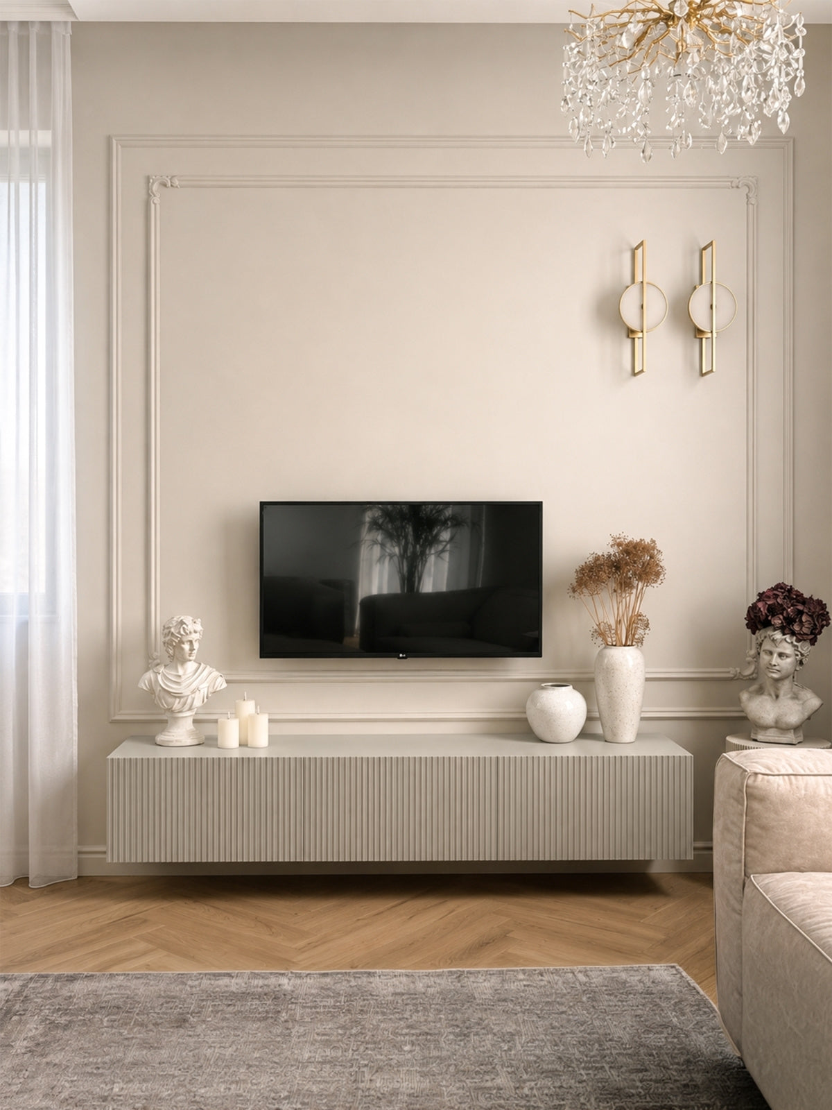Comodă TV suspendată Nicole 200 cm cu un sertar finisaj mat casmir în interior