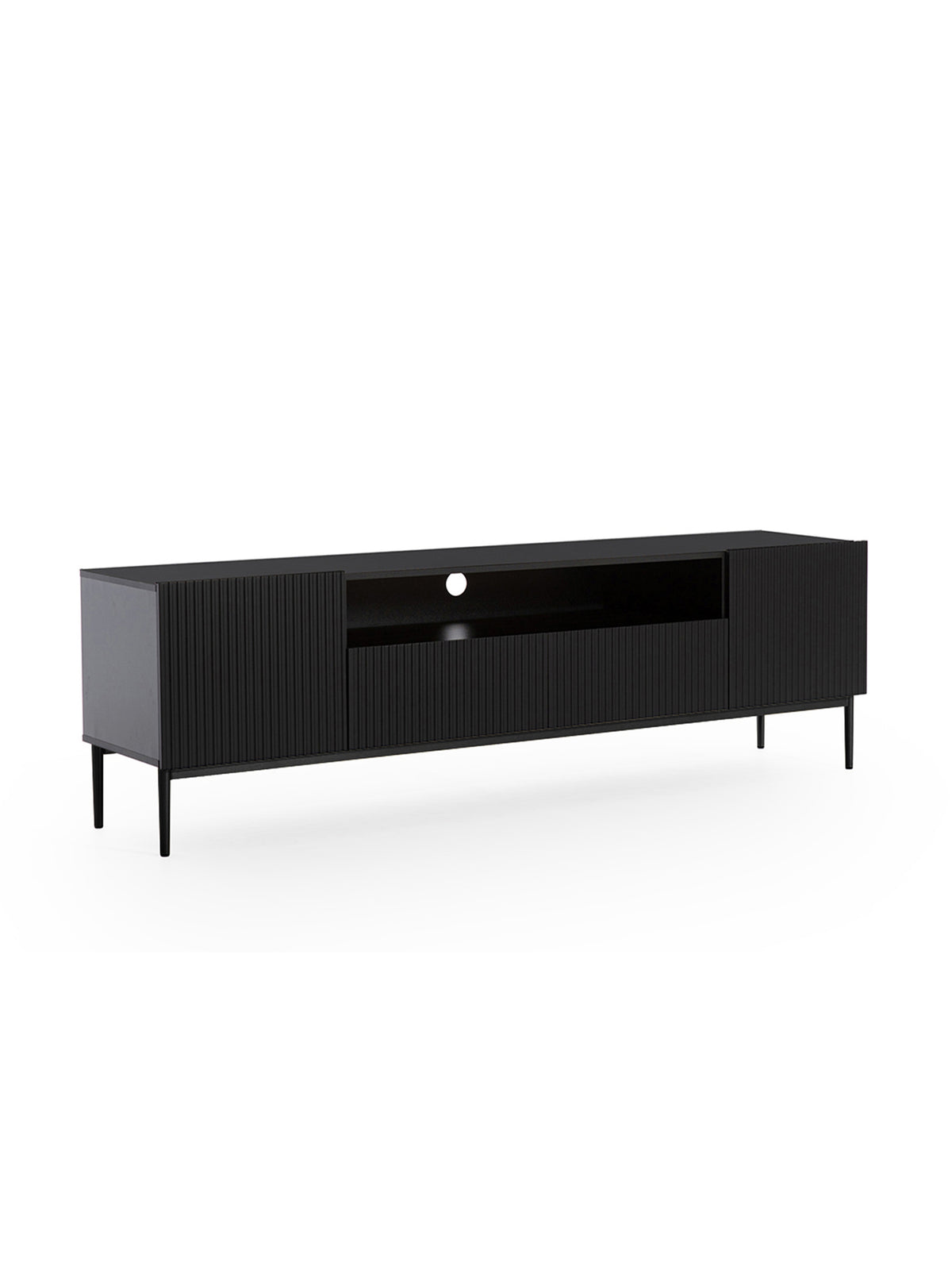Comodă TV Nicole 200 cm negru mat cu nișă și 2 sertare, picioare metalice negre