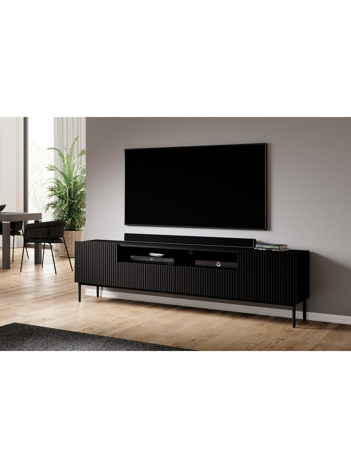 Comodă RTV Nicole 200 cm negru mat cu nișă și sertare, picioare metalice negre