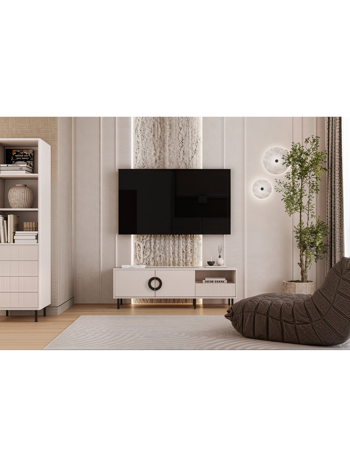 Comodă TV Nubo 150 cm casmir cu picioare negre și sertar, fațadă laminată