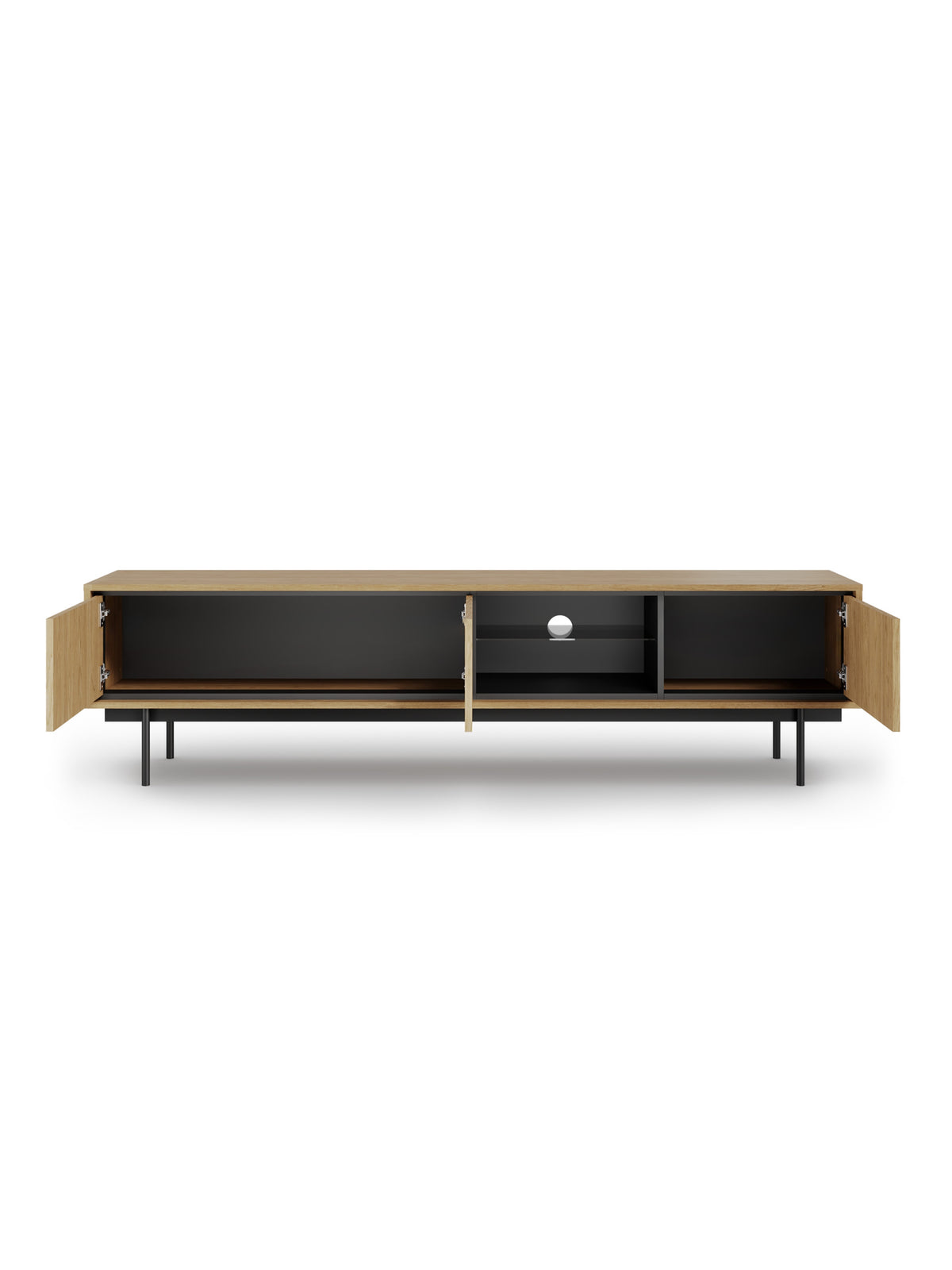 Comodă TV Rocco 200 cm culoare stejar baltic dune cu picioare negre, deschisă cu interior vizibil