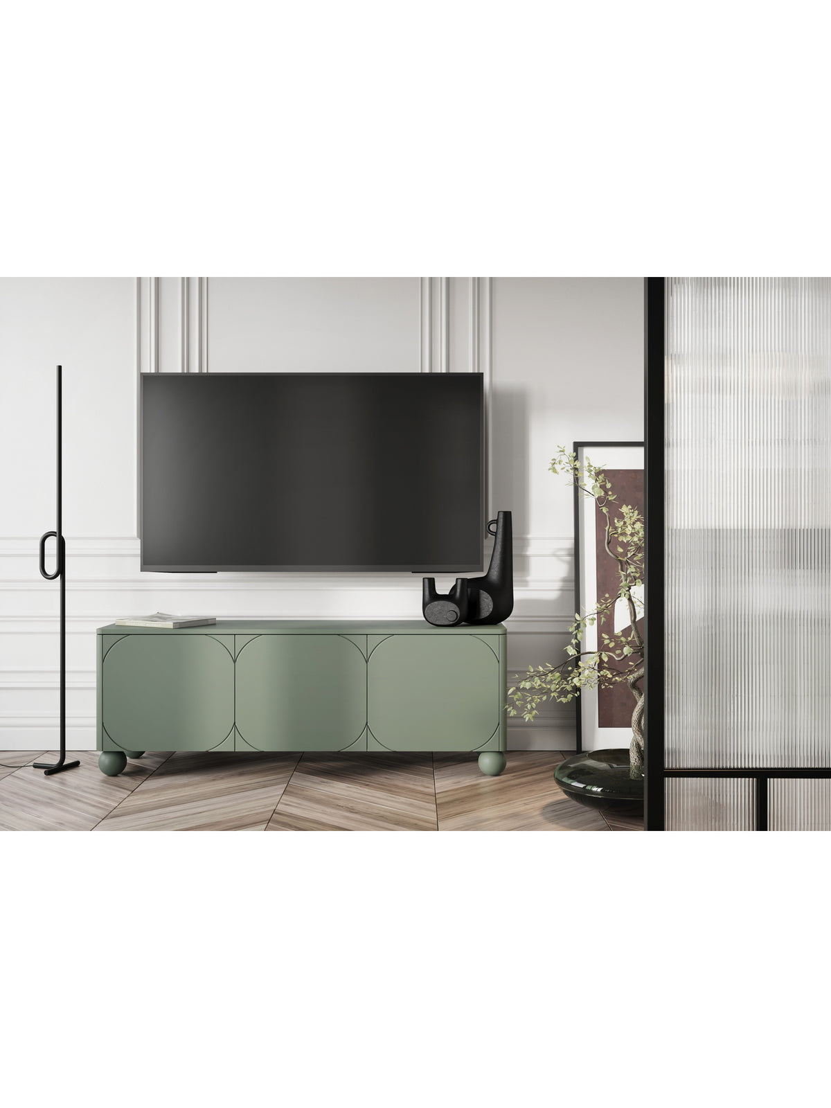 Comodă TV Sonatia II 150 cm verde măsliniu cu trei uși și sertar ascuns, vedere frontală