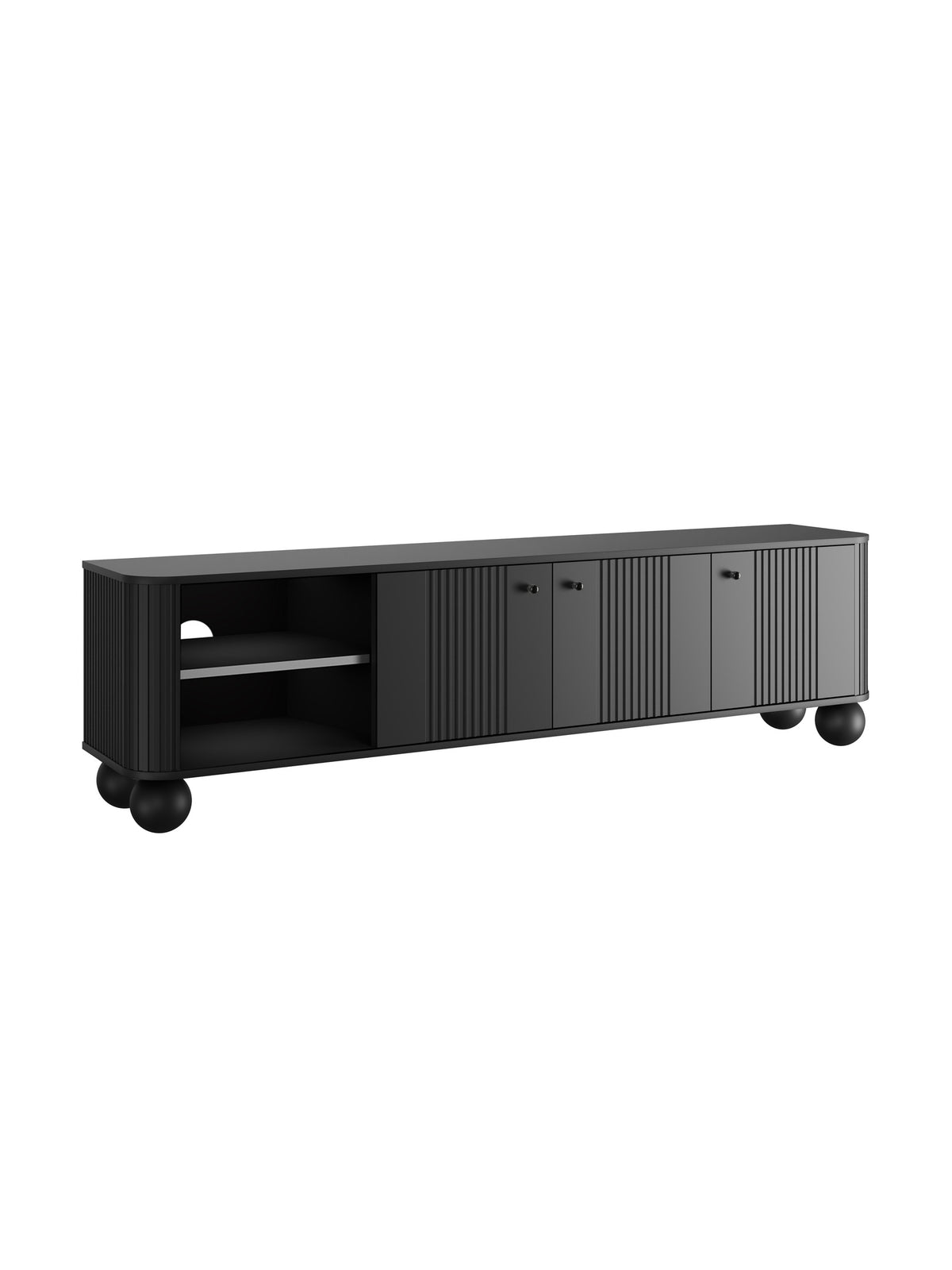Comodă TV Vesper 187 cm trei uși negru mat cu fronturi canelate și picioare rotunde