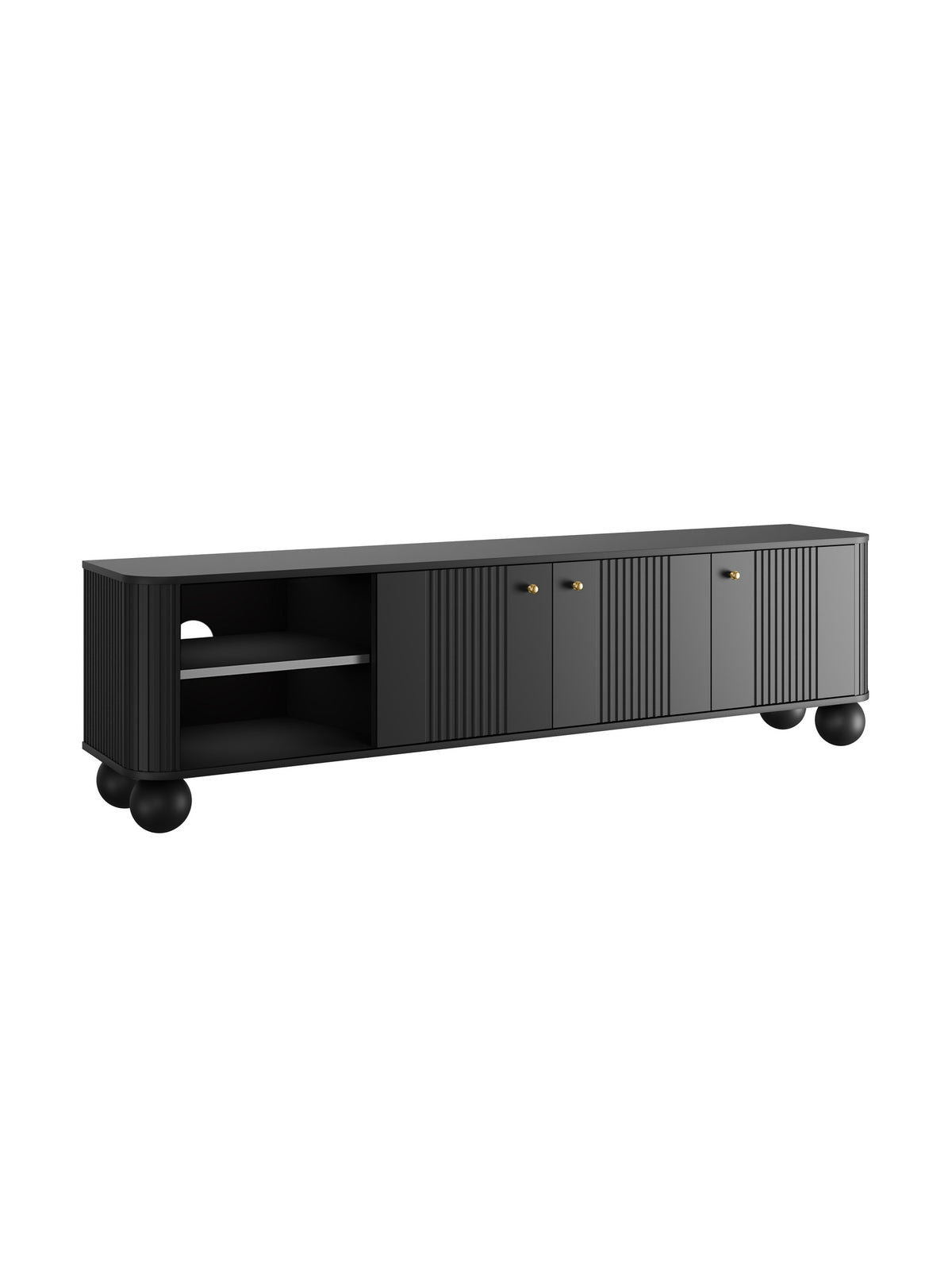 Comodă TV Vesper 187 cm negru mat trei uși cu mânere aurii și picioare rotunde