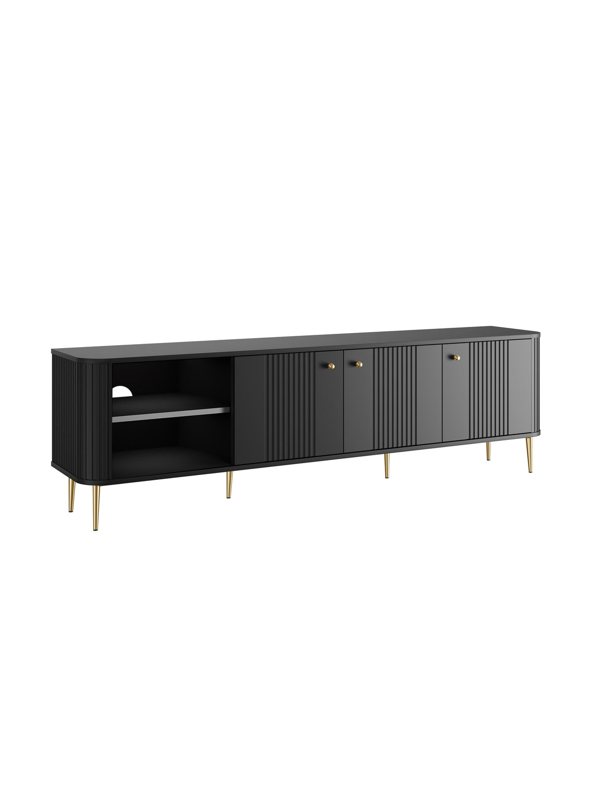 Comodă TV Vesper 3D 187 cm negru mat cu front striat și picioare aurii vedere frontală