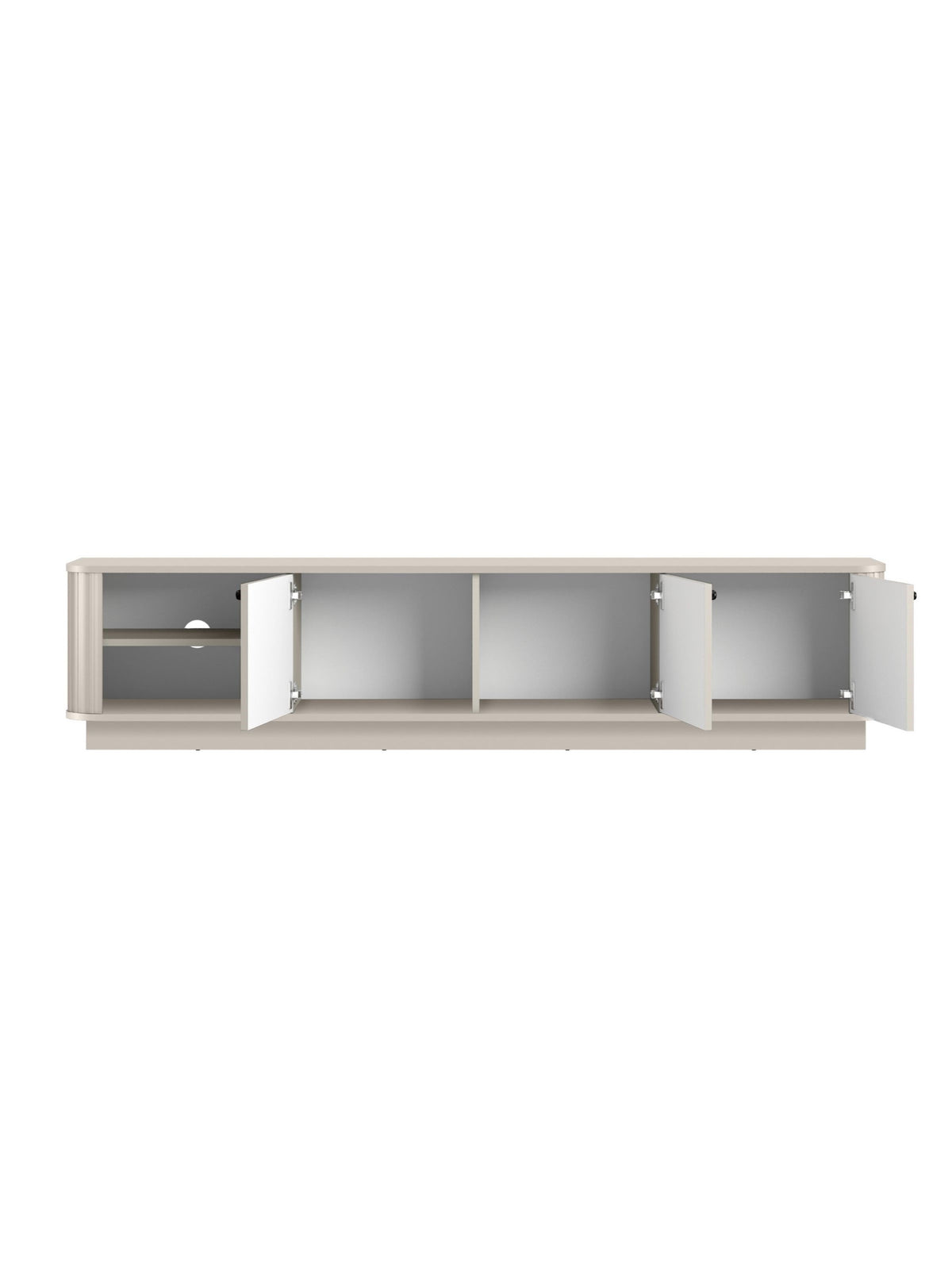 Comodă TV Vesper 3D 187 cm casmir cu mânere negre, trei uși deschise