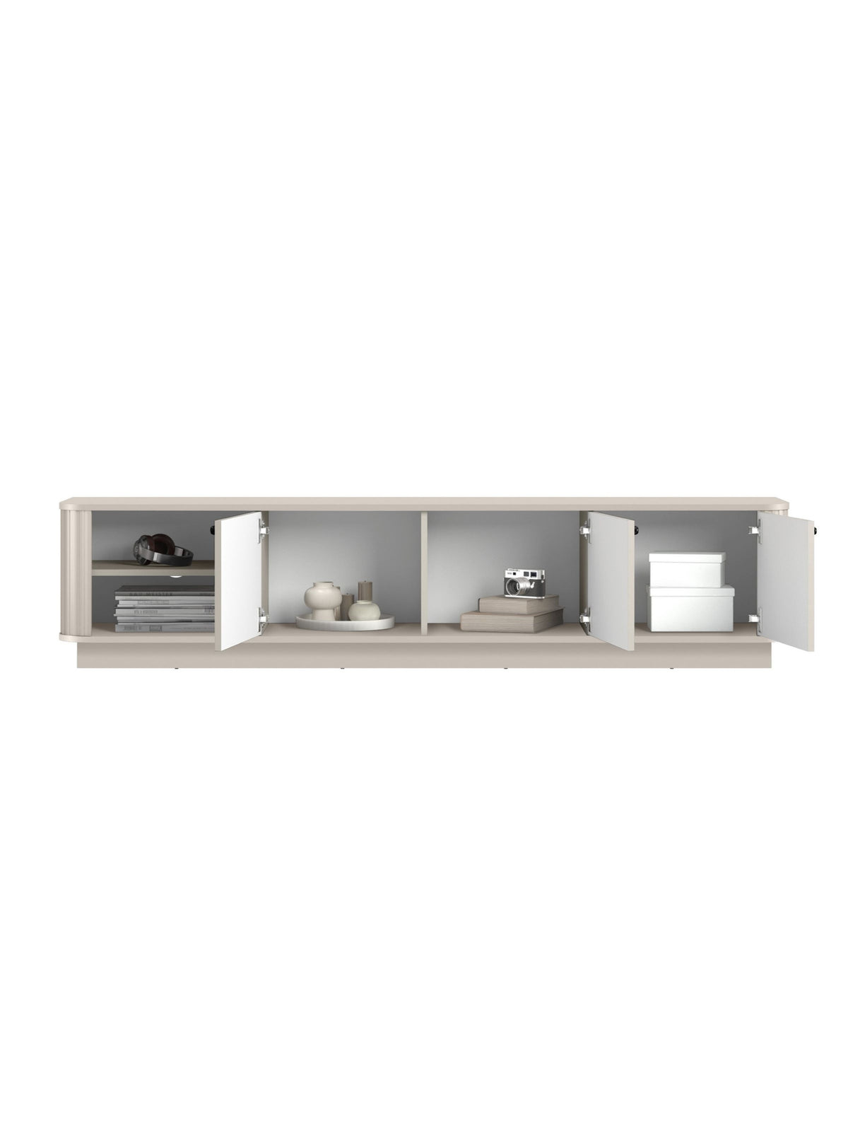 Comodă TV Vesper 3D 187 cm casmir cu mânere negre, uși deschise