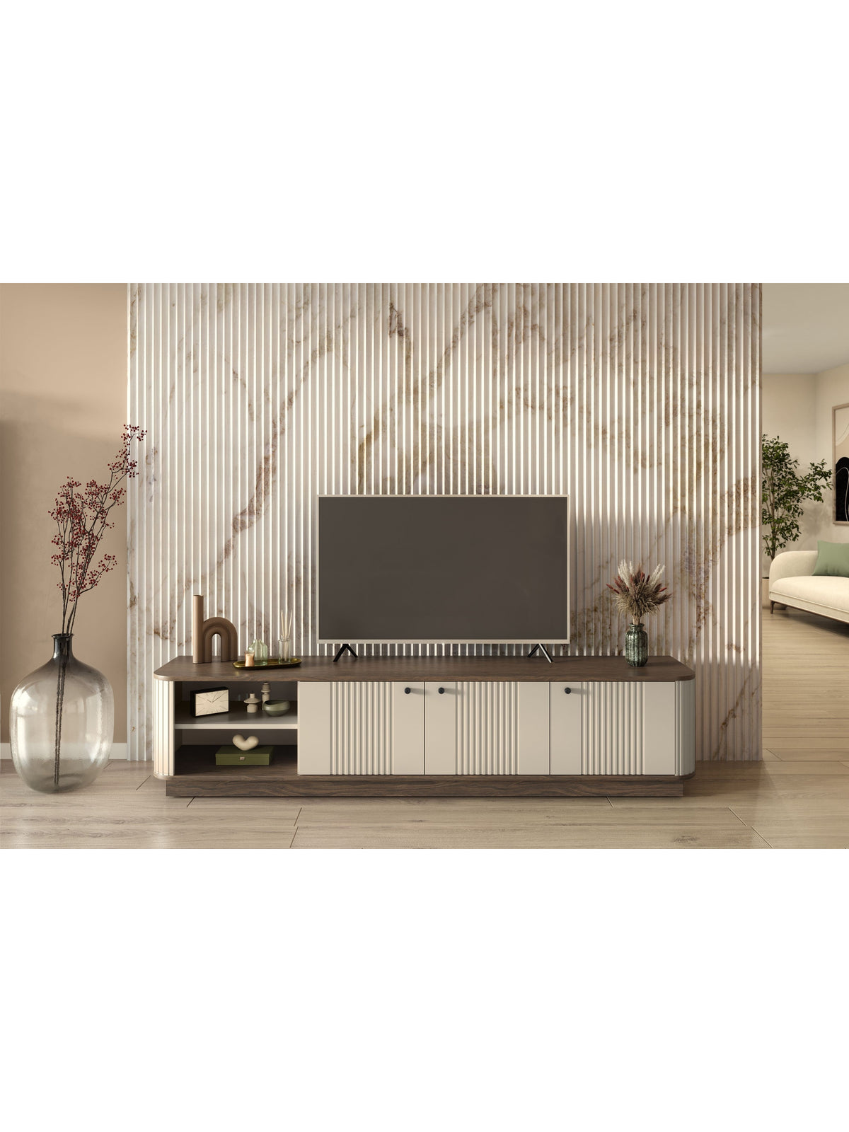 Comodă TV Vesper 3D 187 cm pe soclu, casmir și nuc, cu trei uși cu nervuri