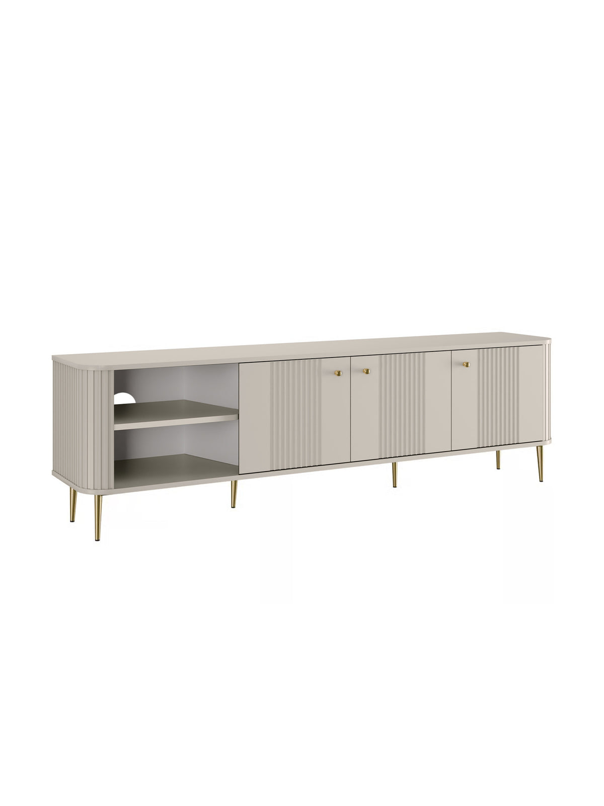 Comodă TV Vesper 3D 187 cm culoare cashmere cu fronturi canelate și picioare aurii