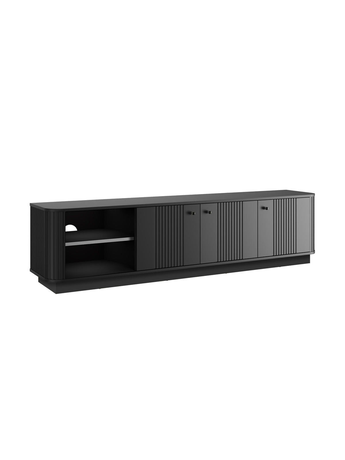 Comodă RTV Vesper 3D neagră 187 cm cu 3 uși și front striat pe soclu