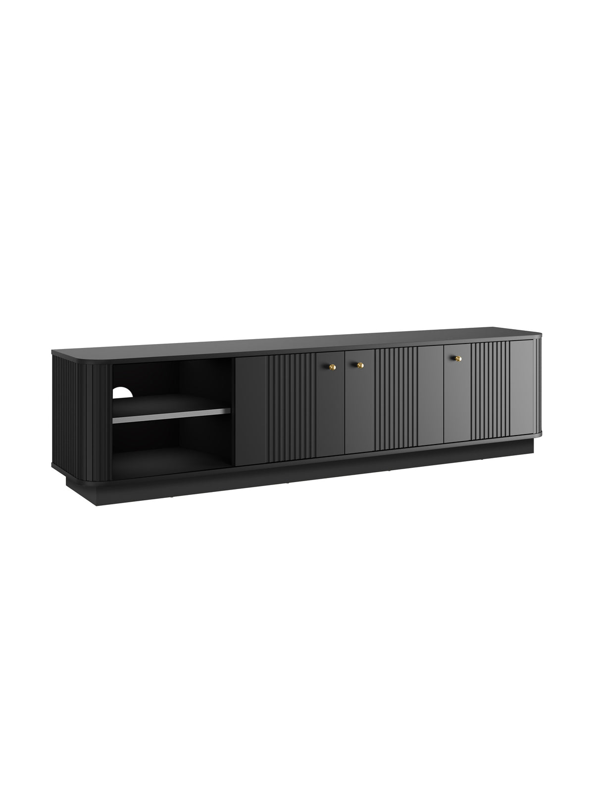 Comodă RTV Vesper 3D neagră 187 cm cu trei uși canelate și mânere aurii