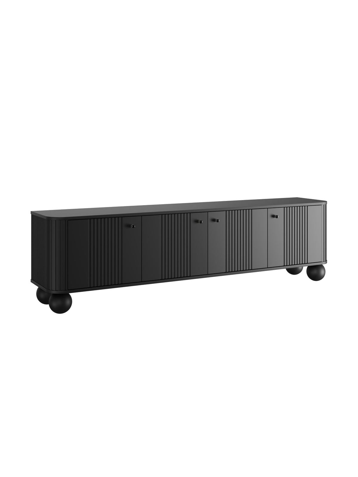 Comodă TV Vesper 4D 187 cm negru mat cu fronturi striate și picioare sferice